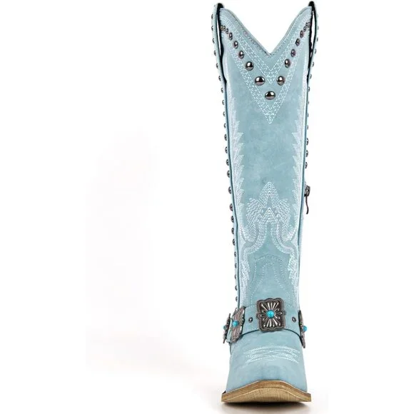 Women's Blue Leather Embroidered Knee High Chunky Heels Western Cowgirl Boots - Picture 3 of 4